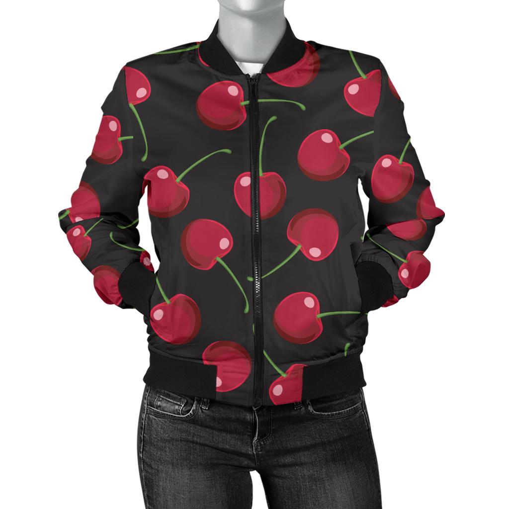 Cherry Black Background Women Casual Bomber Jacket