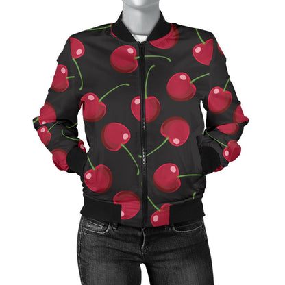 Cherry Black Background Women Casual Bomber Jacket
