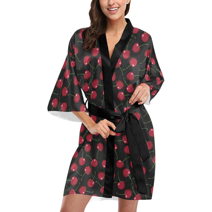 Cherry Black Background Women Short Kimono Robe