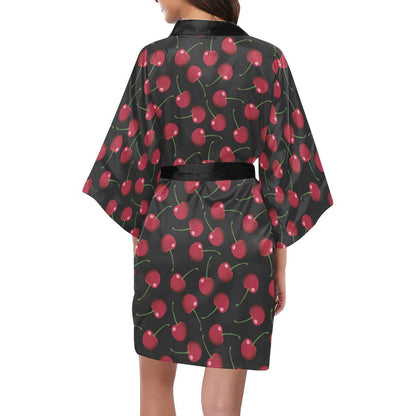 Cherry Black Background Women Short Kimono Robe
