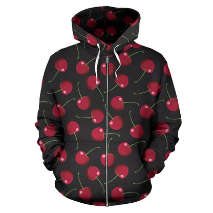 Cherry Black Background Zip Up Hoodie