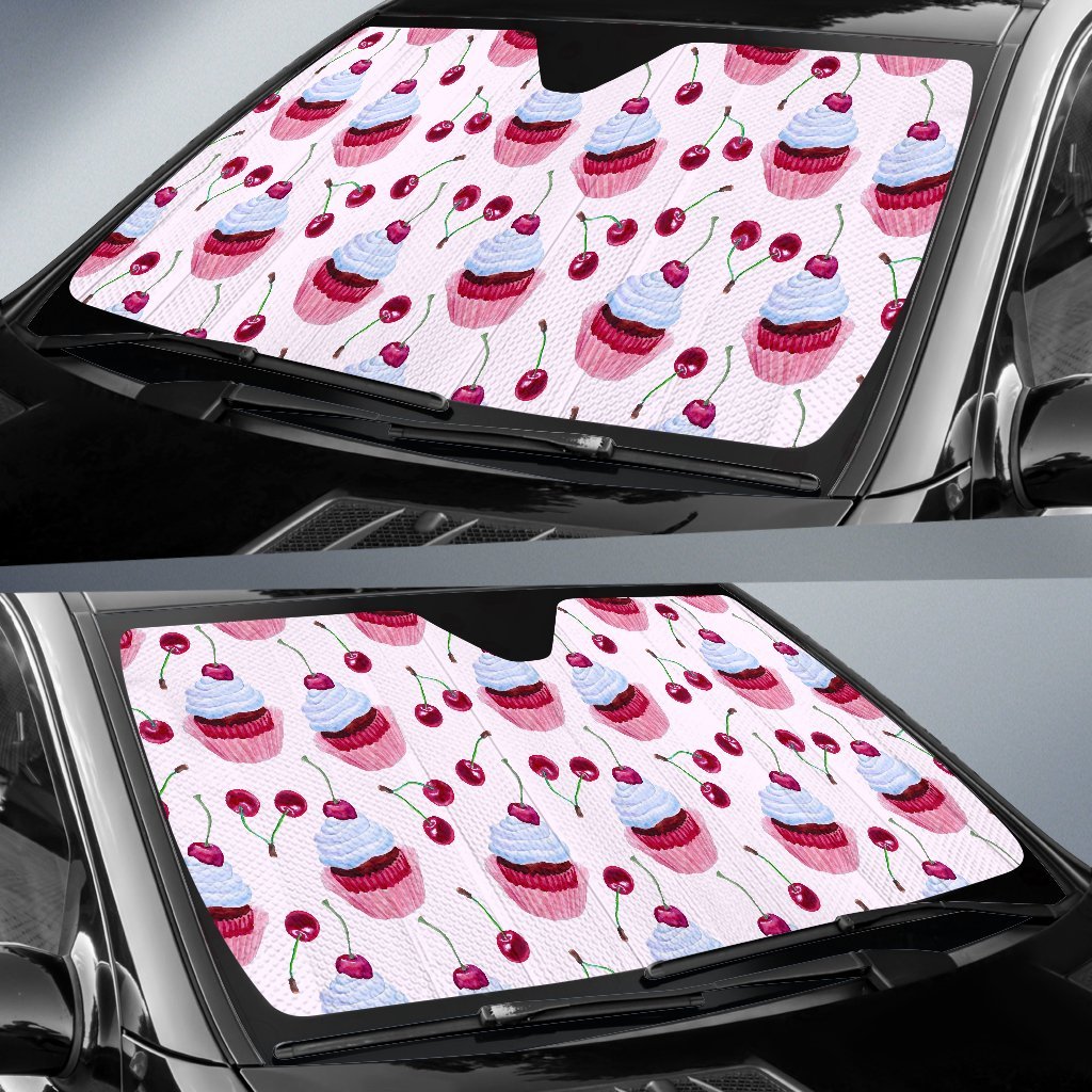 Cherry Cupcake Pink Pattern Car Sun Shade For Windshield
