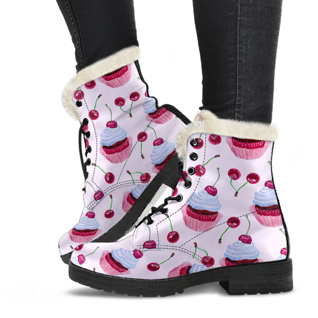 Cherry Cupcake Pink Pattern Faux Fur Leather Boots-JTAMIGO.COM