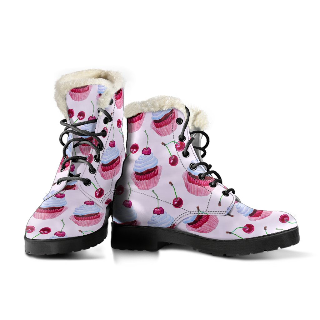 Cherry Cupcake Pink Pattern Faux Fur Leather Boots-JTAMIGO.COM