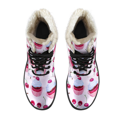 Cherry Cupcake Pink Pattern Faux Fur Leather Boots-JTAMIGO.COM