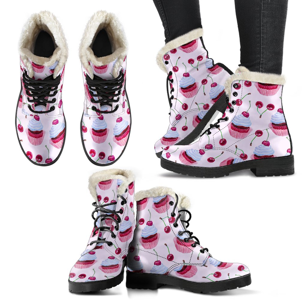 Cherry Cupcake Pink Pattern Faux Fur Leather Boots-JTAMIGO.COM