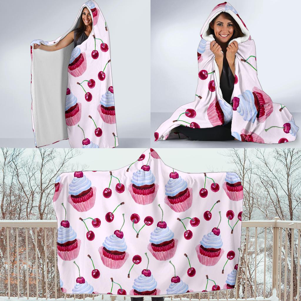 Cherry Cupcake Pink Pattern Hooded Blanket-JTAMIGO.COM