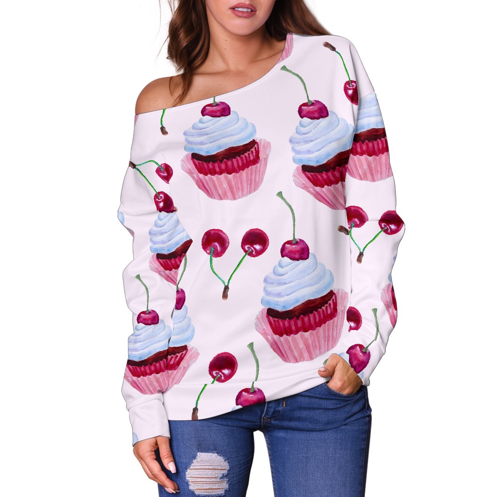 Cherry Cupcake Pink Pattern Off Shoulder Sweatshirt