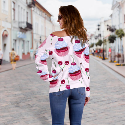 Cherry Cupcake Pink Pattern Off Shoulder Sweatshirt