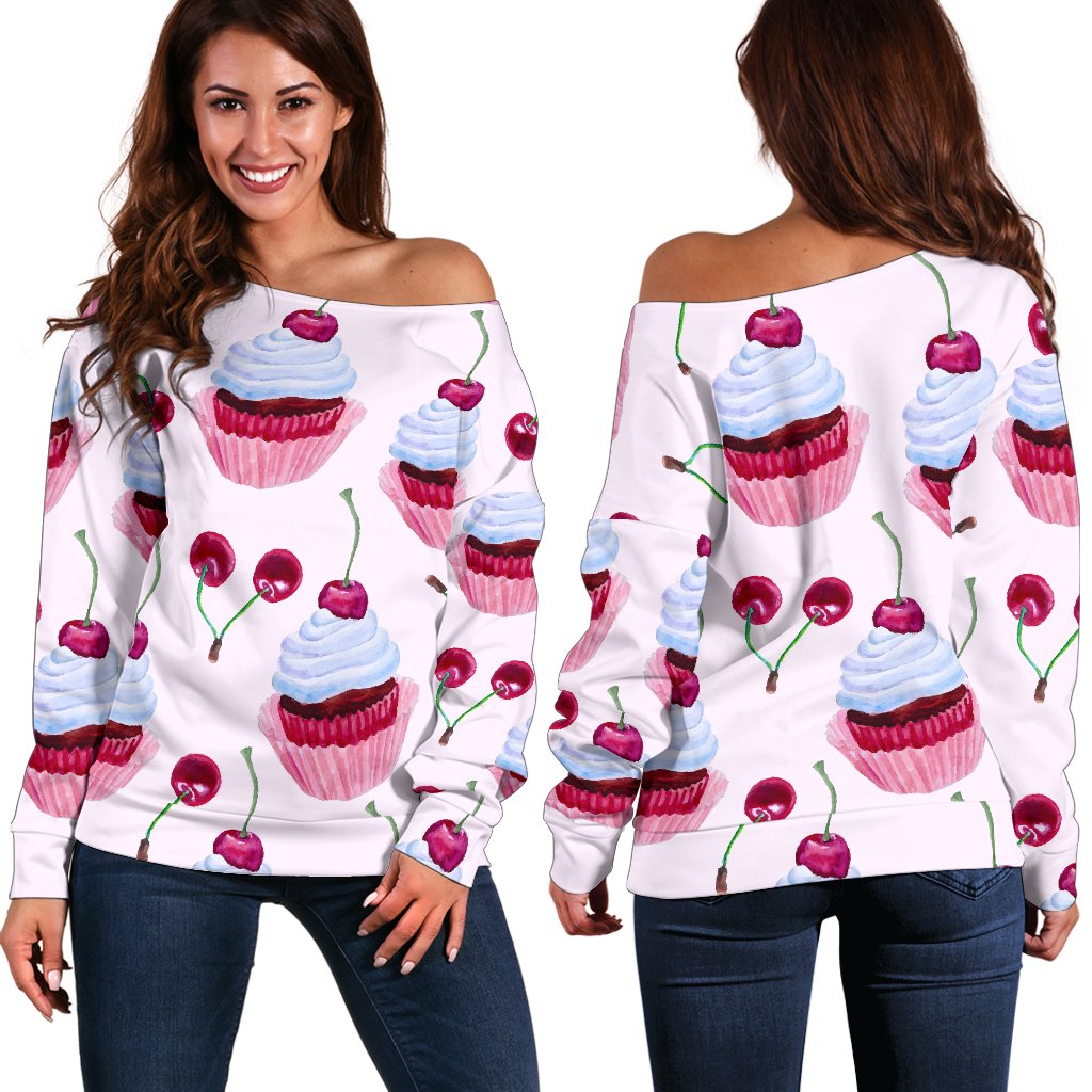 Cherry Cupcake Pink Pattern Off Shoulder Sweatshirt