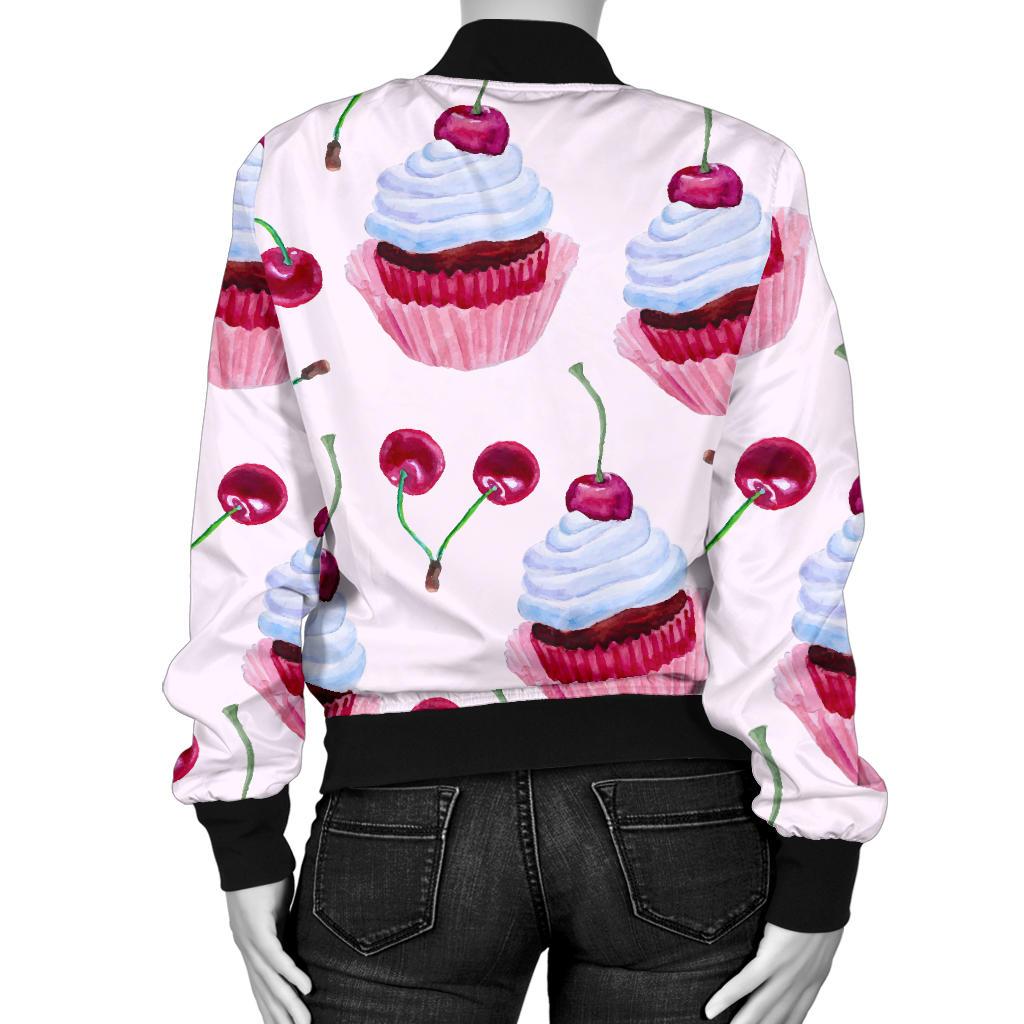Cherry Cupcake Pink Pattern Women Casual Bomber Jacket