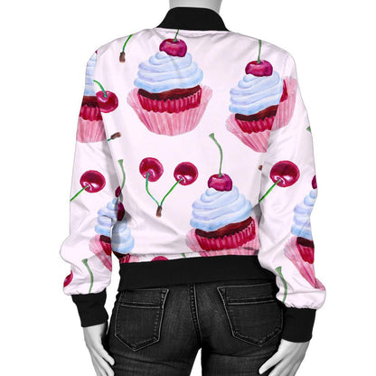 Cherry Cupcake Pink Pattern Women Casual Bomber Jacket