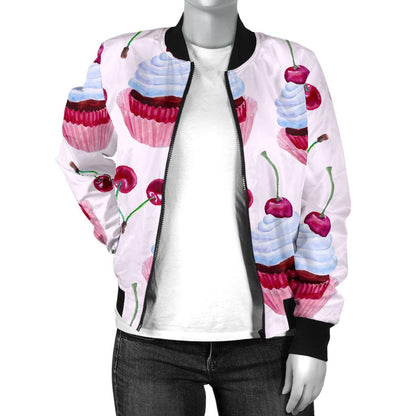 Cherry Cupcake Pink Pattern Women Casual Bomber Jacket