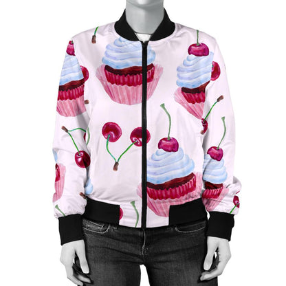 Cherry Cupcake Pink Pattern Women Casual Bomber Jacket