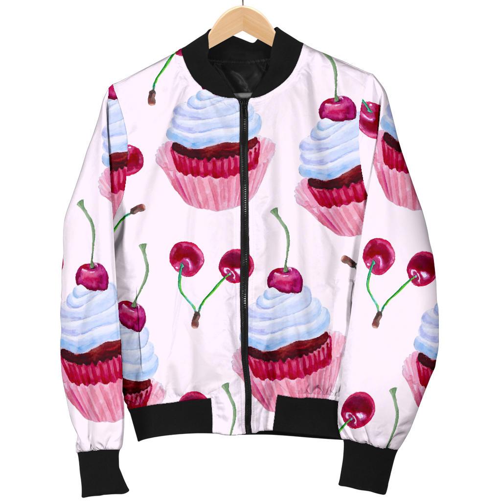 Cherry Cupcake Pink Pattern Women Casual Bomber Jacket