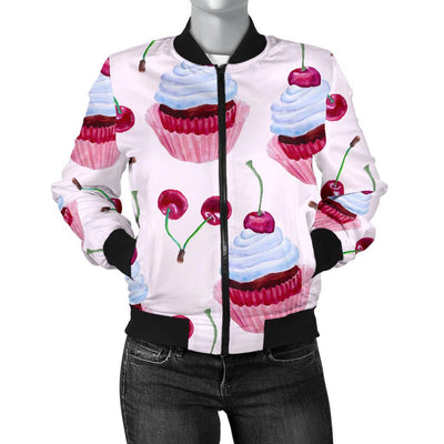 Cherry Cupcake Pink Pattern Women Casual Bomber Jacket