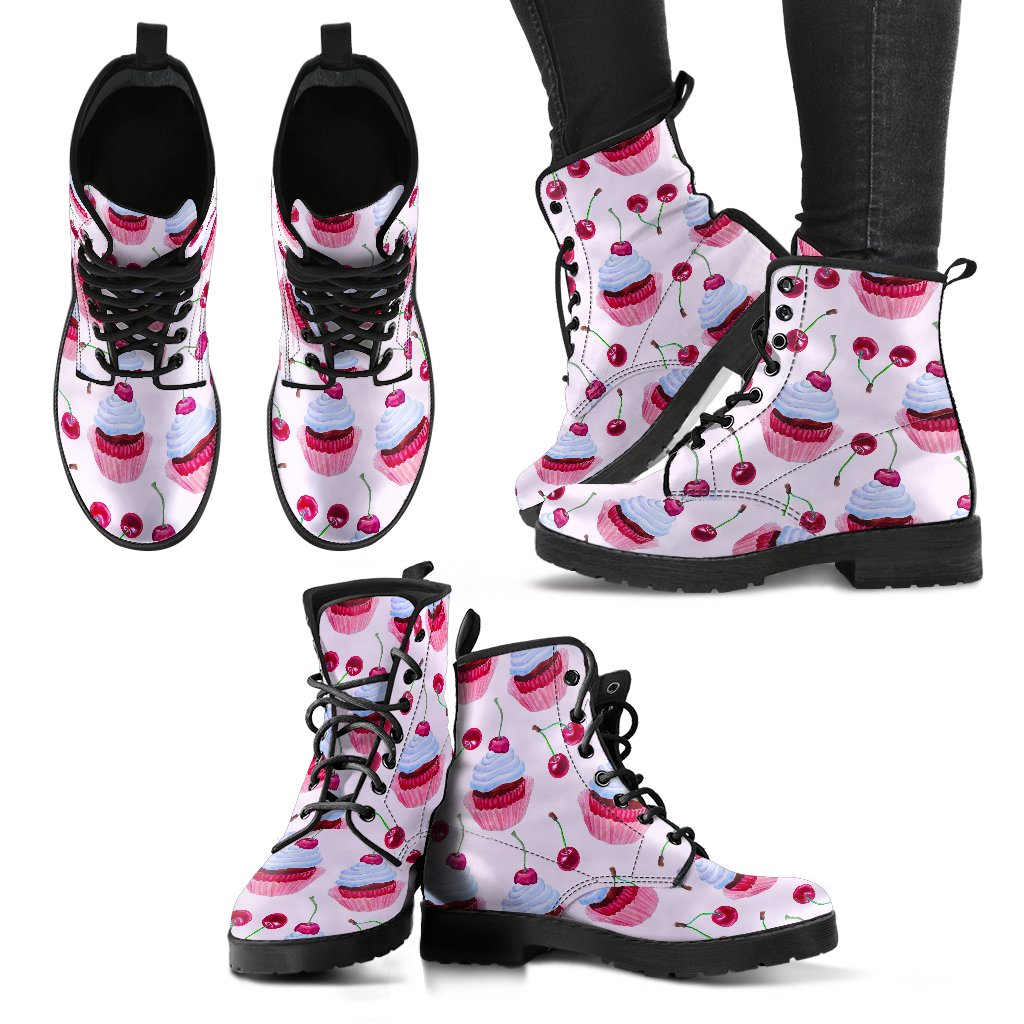Cherry Cupcake Pink Pattern Women Leather Boots-JTAMIGO.COM