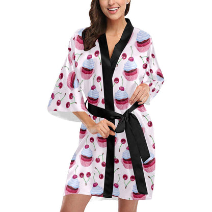 Cherry Cupcake Pink Pattern Women Short Kimono Robe