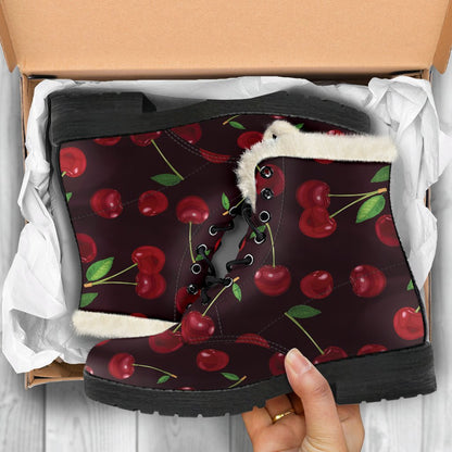 Cherry Fresh Pattern Faux Fur Leather Boots-JTAMIGO.COM
