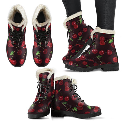 Cherry Fresh Pattern Faux Fur Leather Boots-JTAMIGO.COM