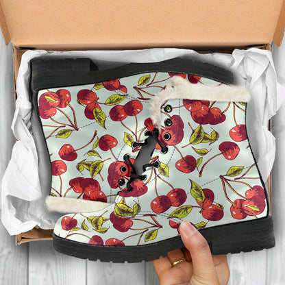 Cherry Hand Draw Faux Fur Leather Boots-JTAMIGO.COM