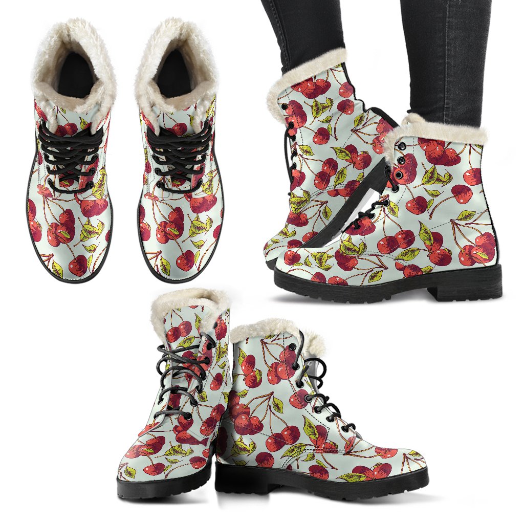 Cherry Hand Draw Faux Fur Leather Boots-JTAMIGO.COM