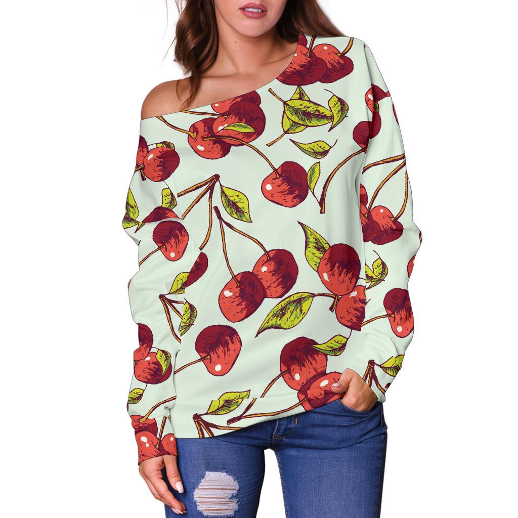 Cherry Hand Draw Off Shoulder Sweatshirt