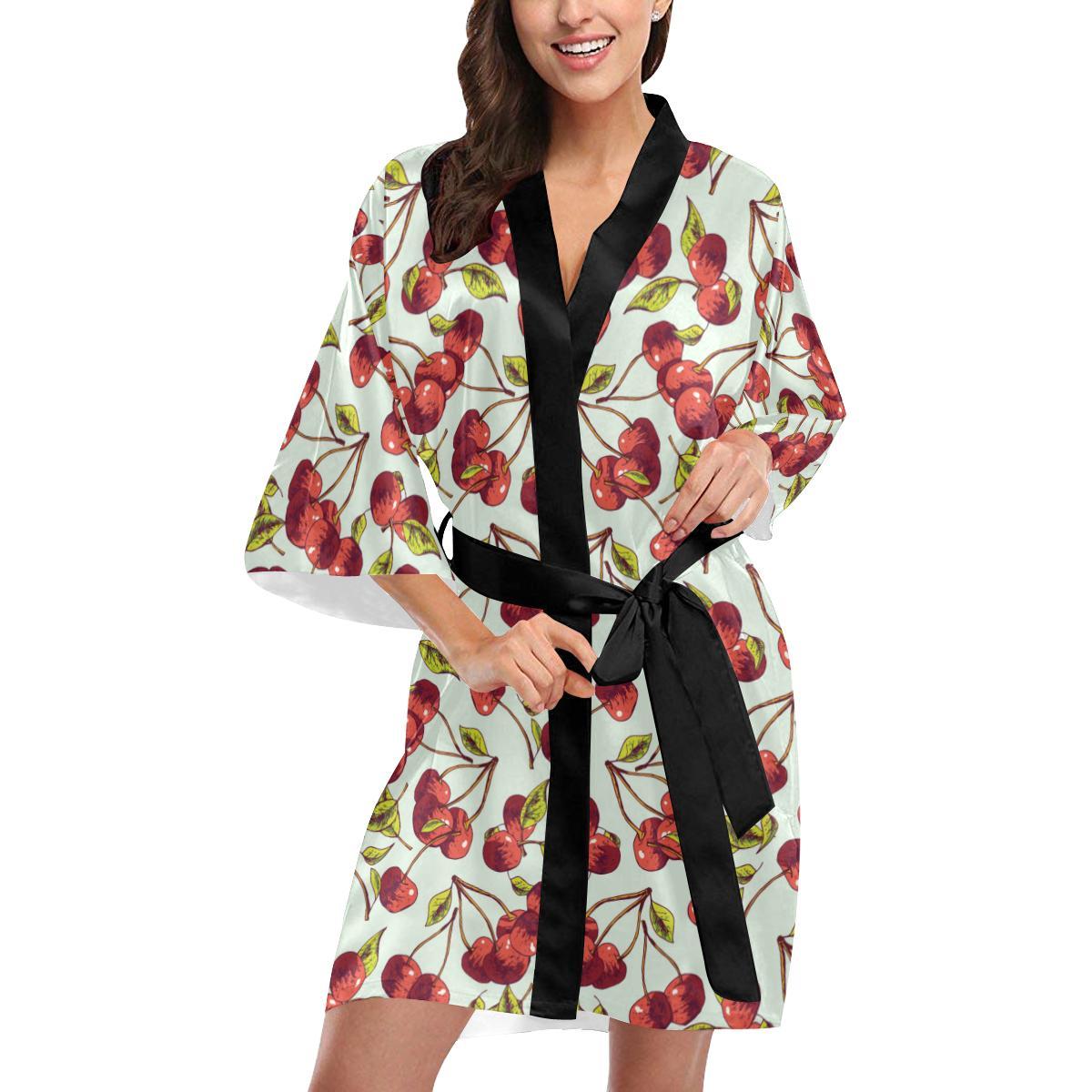 Cherry Hand Draw Women Short Kimono Robe