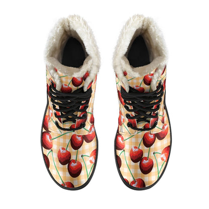 Cherry Orange Plaid Print Faux Fur Leather Boots-JTAMIGO.COM