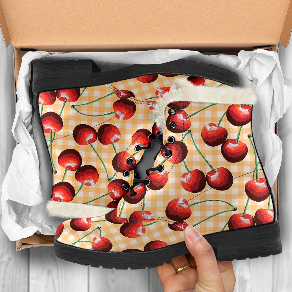 Cherry Orange Plaid Print Faux Fur Leather Boots-JTAMIGO.COM