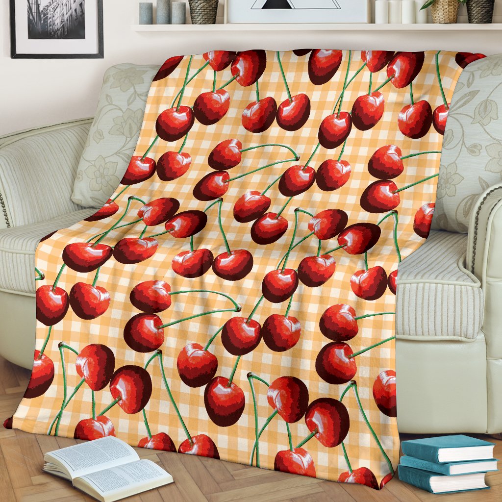 Cherry Orange Plaid Print Fleece Blanket