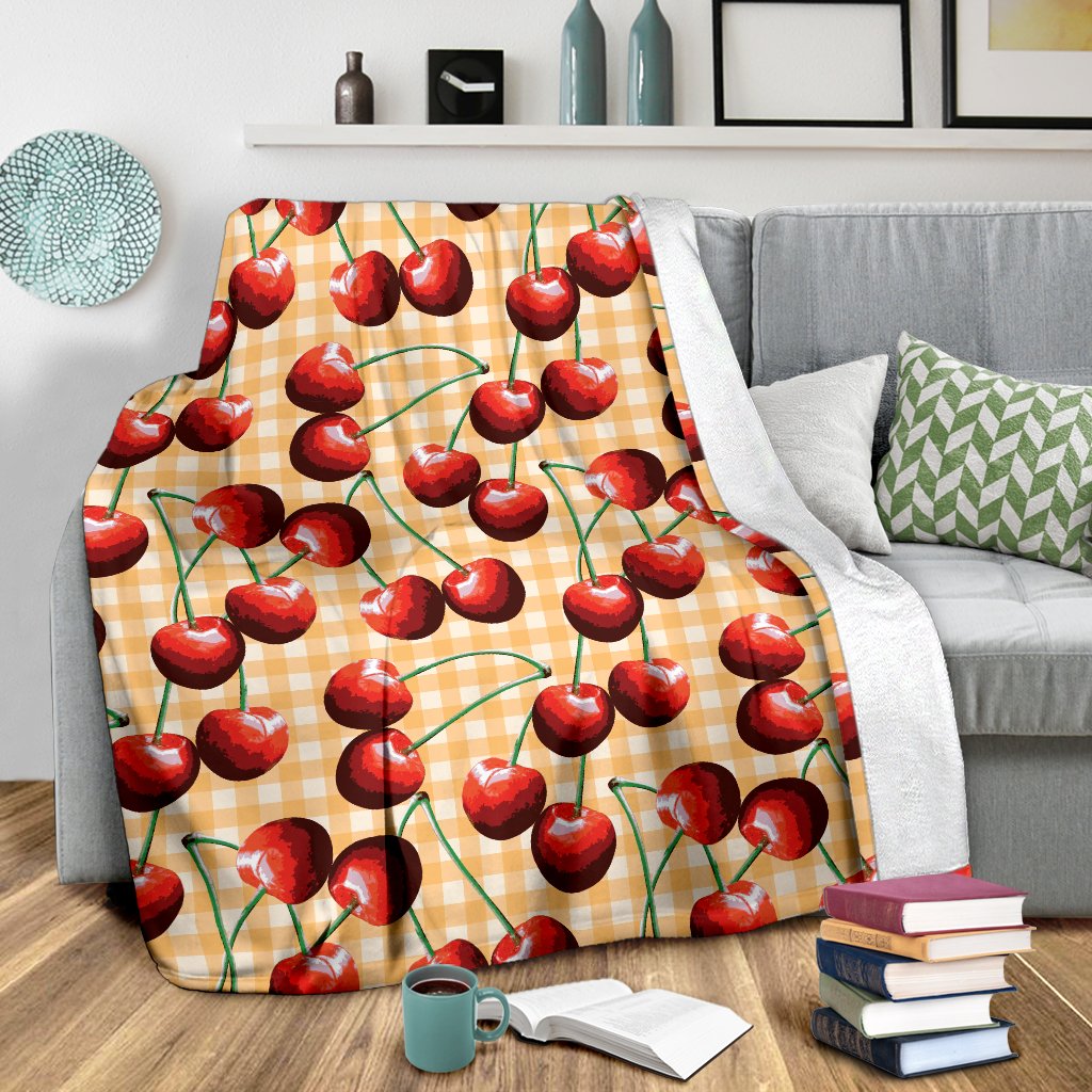 Cherry Orange Plaid Print Fleece Blanket