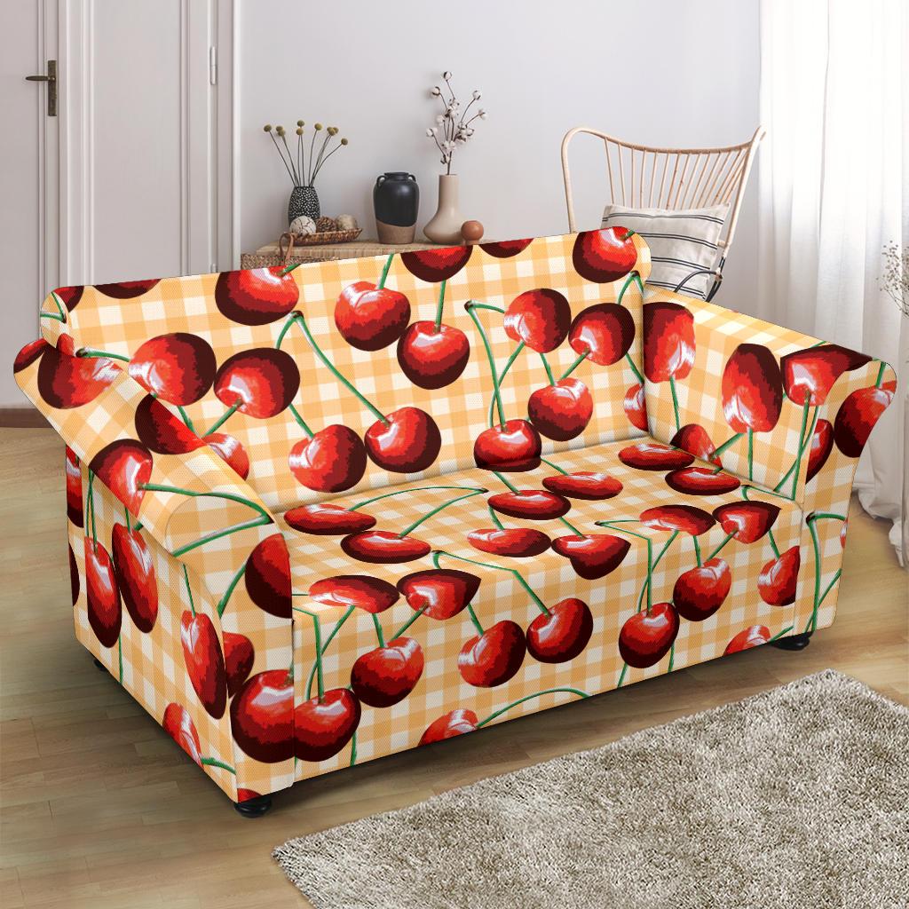 Cherry Orange Plaid Print Loveseat Slipcover-JTAMIGO.COM