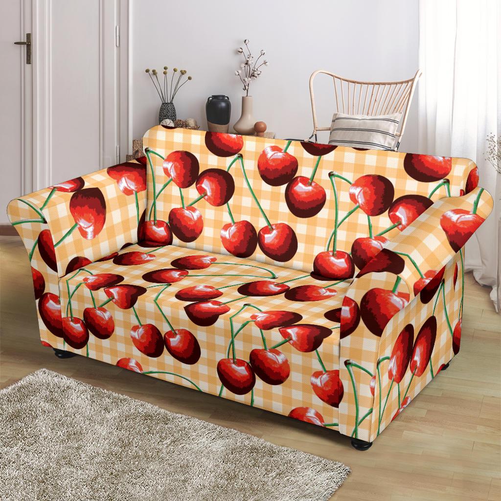 Cherry Orange Plaid Print Loveseat Slipcover-JTAMIGO.COM