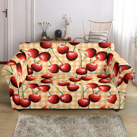 Cherry Orange Plaid Print Loveseat Slipcover-JTAMIGO.COM