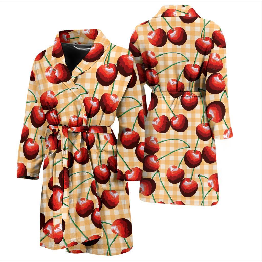 Cherry Orange Plaid Print Men Bath Robe-JTAMIGO.COM