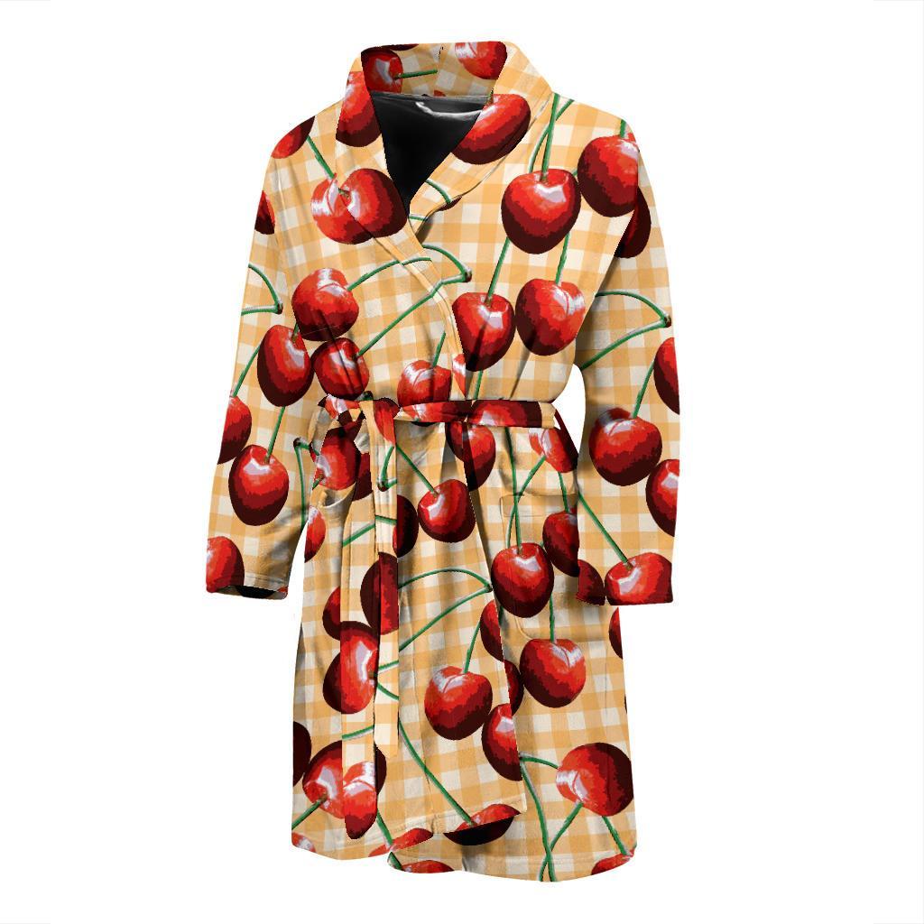 Cherry Orange Plaid Print Men Bath Robe-JTAMIGO.COM