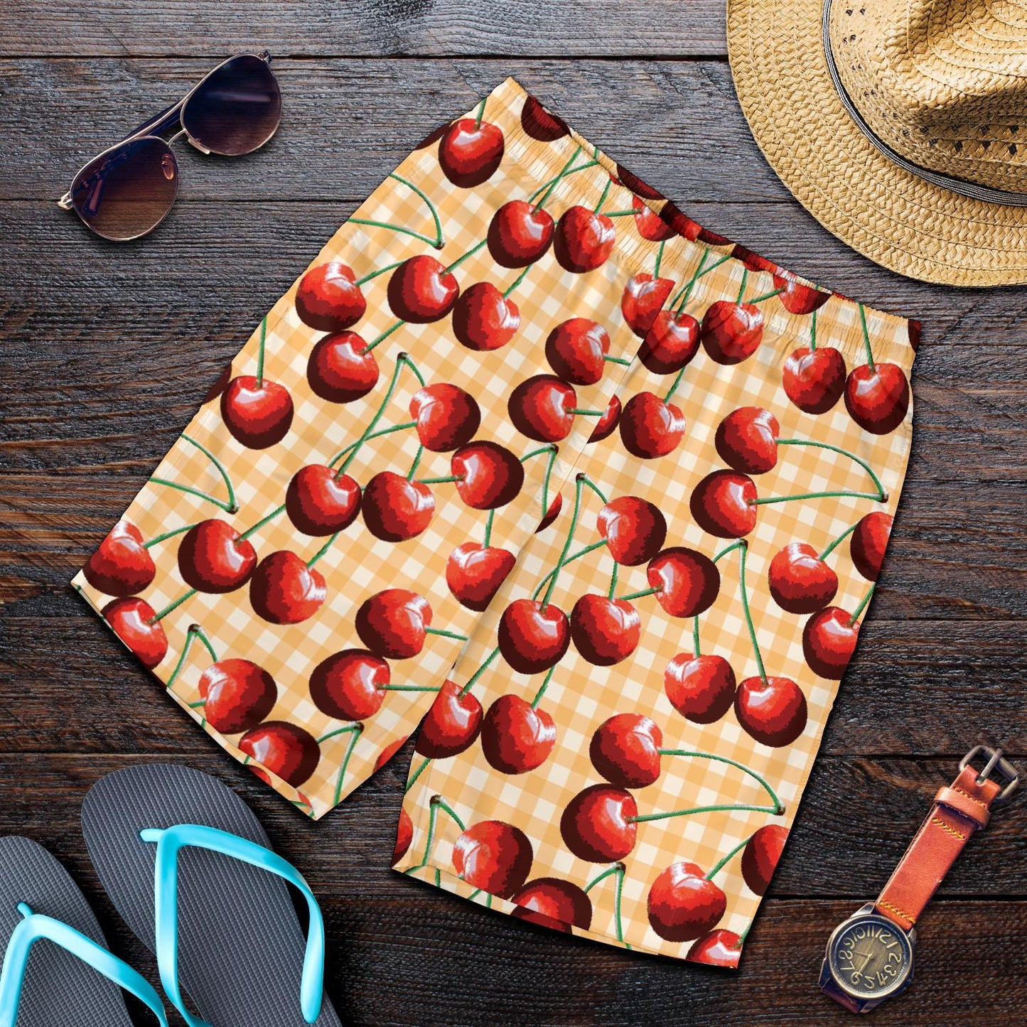 Cherry Orange Plaid Print Mens Shorts-JTAMIGO.COM