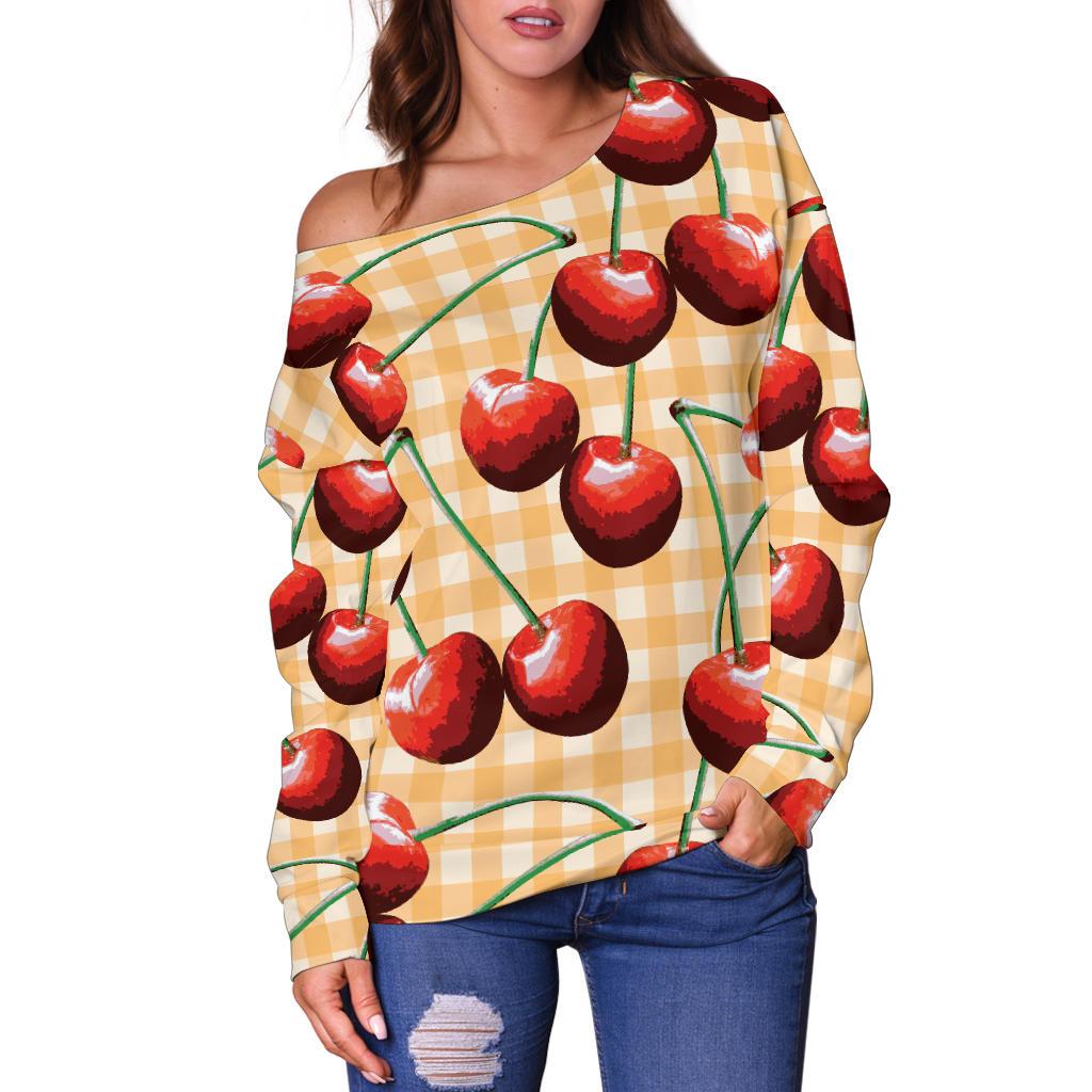 Cherry Orange Plaid Print Off Shoulder Sweatshirt