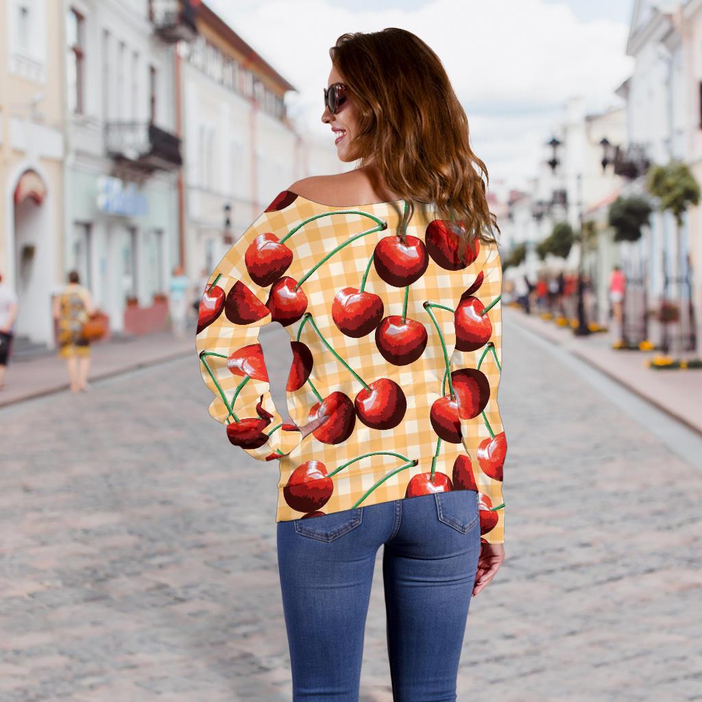 Cherry Orange Plaid Print Off Shoulder Sweatshirt