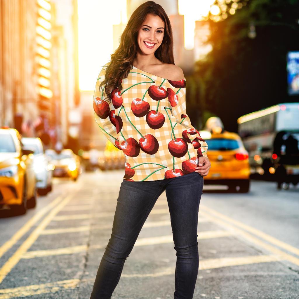Cherry Orange Plaid Print Off Shoulder Sweatshirt