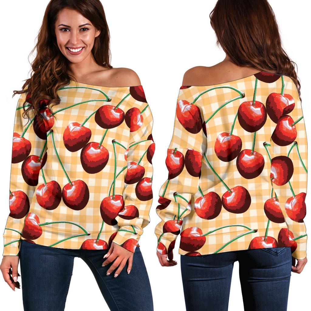 Cherry Orange Plaid Print Off Shoulder Sweatshirt