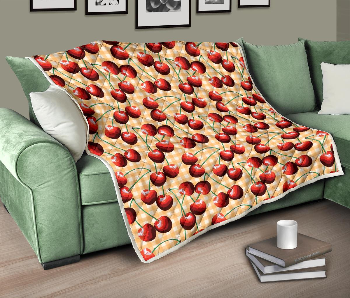 Cherry Orange Plaid Print Premium Quilt-JTAMIGO.COM