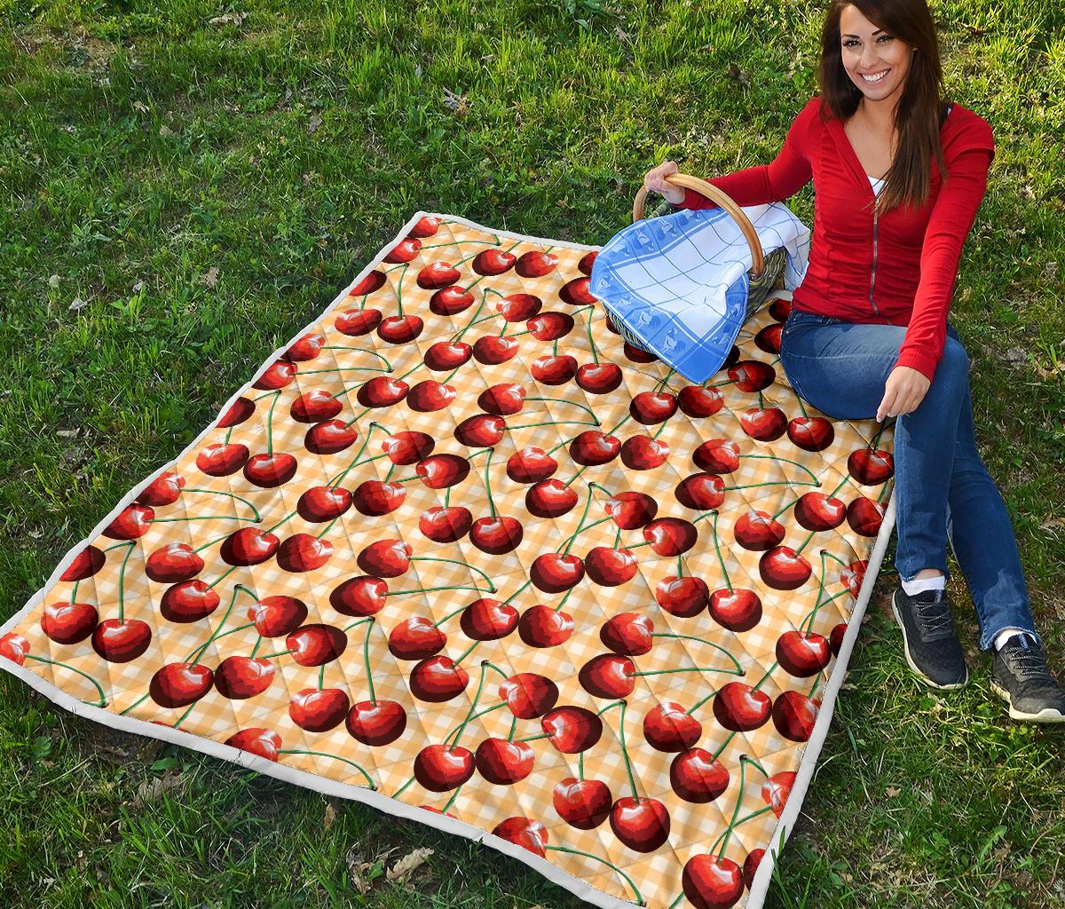 Cherry Orange Plaid Print Premium Quilt-JTAMIGO.COM