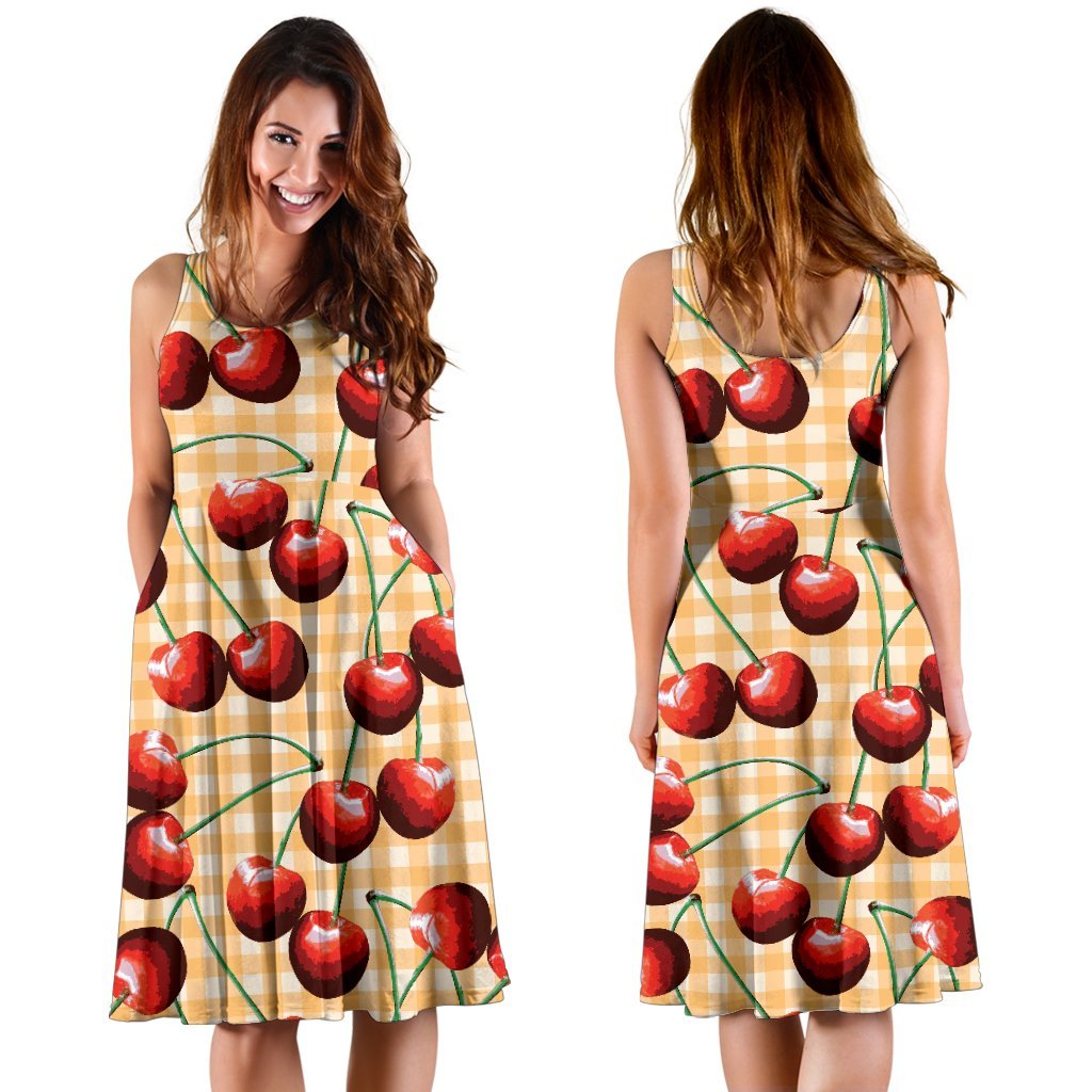 Cherry Orange Plaid Print Sleeveless Dress