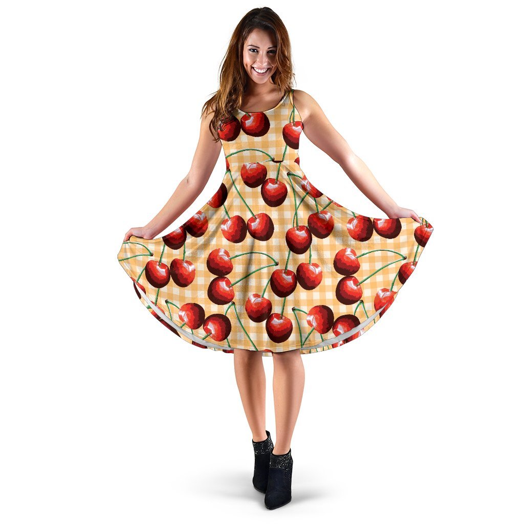 Cherry Orange Plaid Print Sleeveless Dress