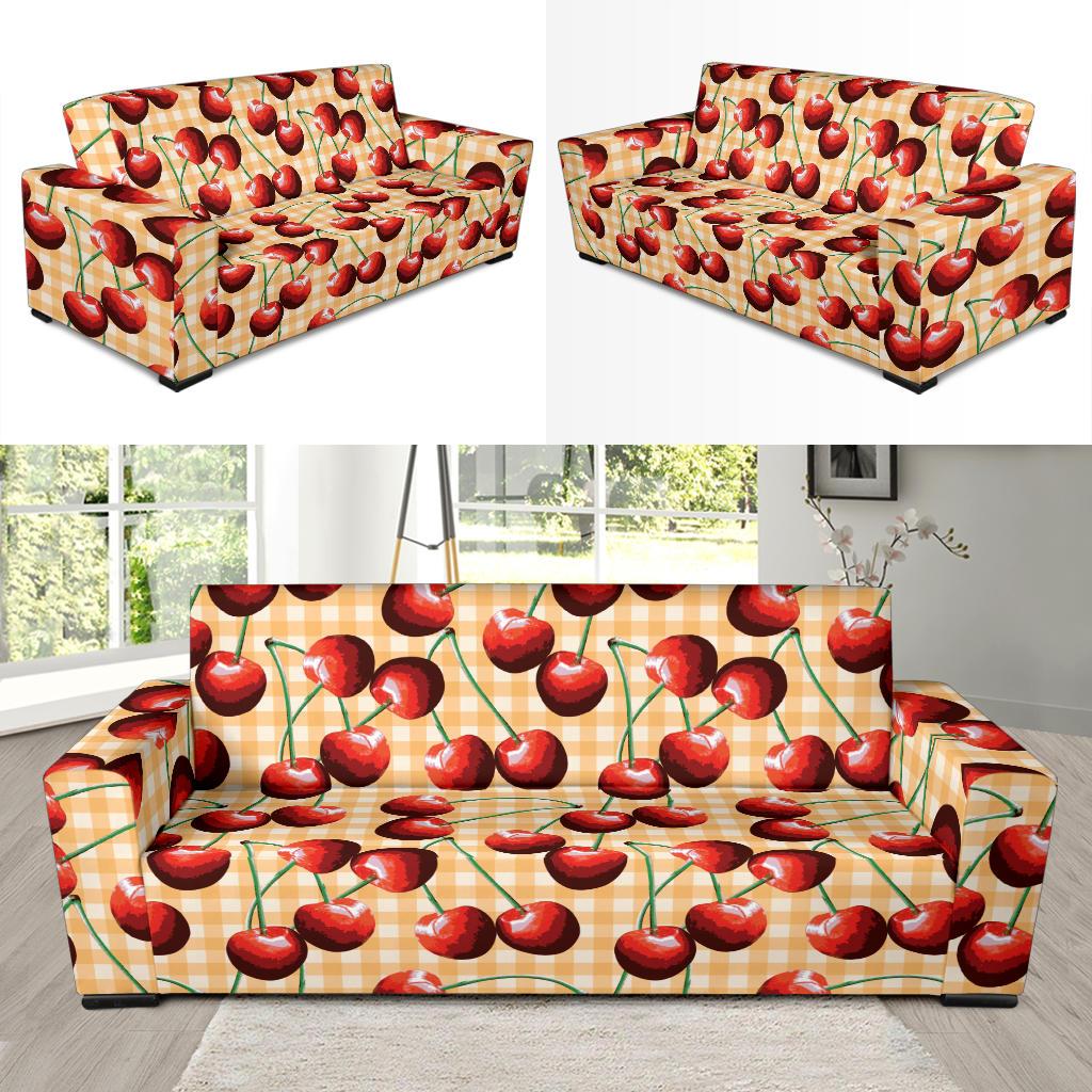 Cherry Orange Plaid Print Sofa Slipcover-JTAMIGO.COM