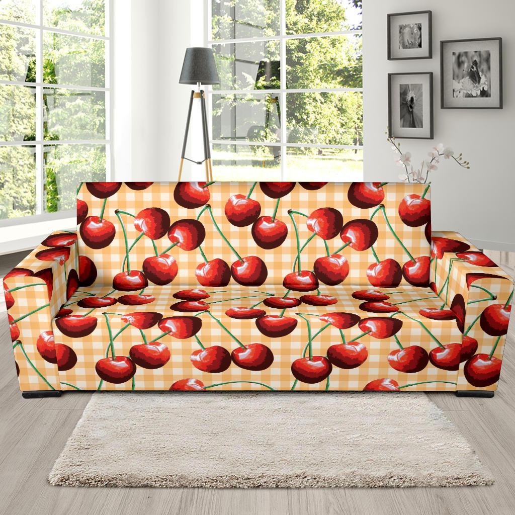 Cherry Orange Plaid Print Sofa Slipcover-JTAMIGO.COM