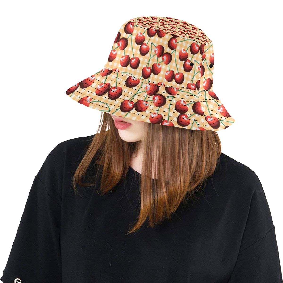 Cherry Orange Plaid Print Unisex Bucket Hat