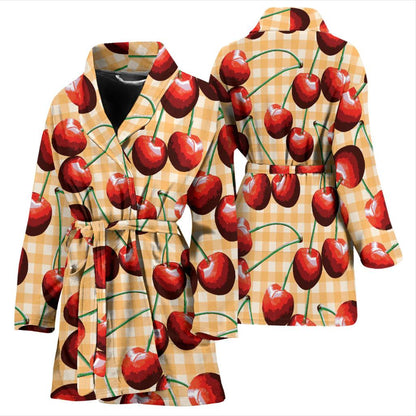 Cherry Orange Plaid Print Women Bath Robe-JTAMIGO.COM